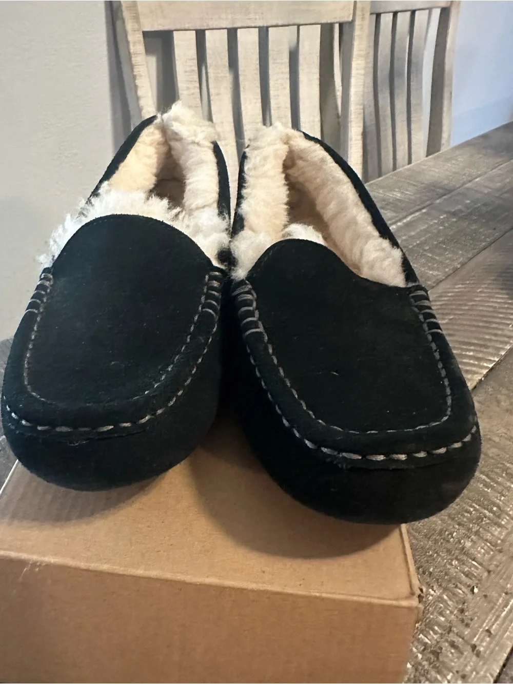 UGG Kids Black Suede Shearling Moccasin Slipper